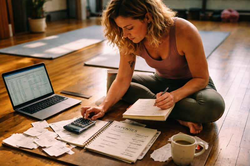 Person writing calculations and expense notes on paper with Person writing calculations and expense notes on paper with calculator and notebook on wooden desk, yoga mat rolled nearby
