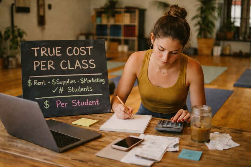 Yoga instructor reviewing handwritten expense notes and Yoga instructor reviewing handwritten expense notes and calculator at studio desk with class schedule visible