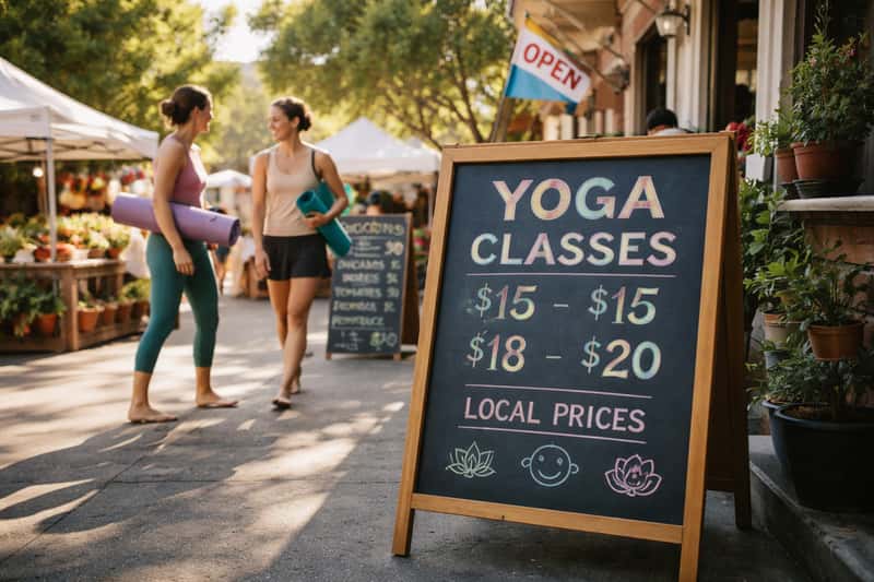 Yoga instructor writing class prices on a whiteboard while Yoga instructor writing class prices on a whiteboard while reviewing local competitor rates on a laptop