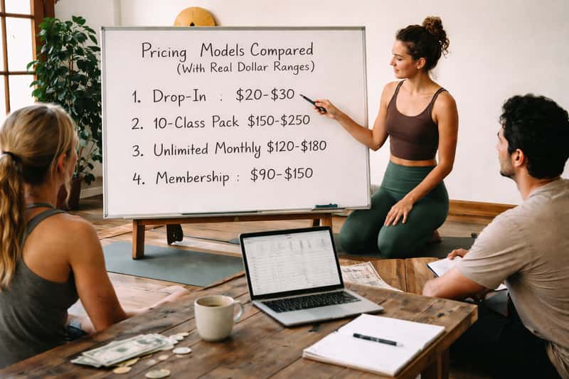 Yoga instructor writing price options on whiteboard: $15 Yoga instructor writing price options on whiteboard: $15 drop-in, $60 monthly, $150 class package