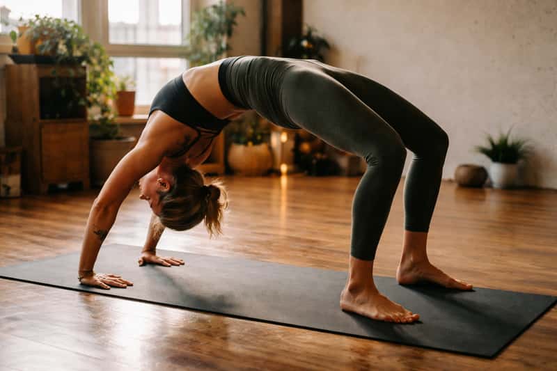 Yoga practitioner in wheel pose with hands and feet on mat, back arched deeply, chest lifted toward ceiling, captured from si