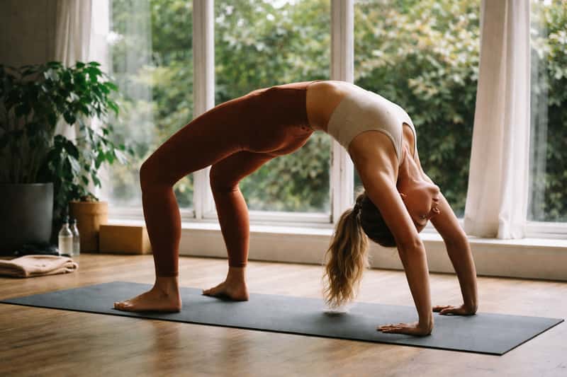 Yoga practitioner in wheel pose with hands and feet planted on mat, back arched deeply, chest lifted toward ceiling, muscles 