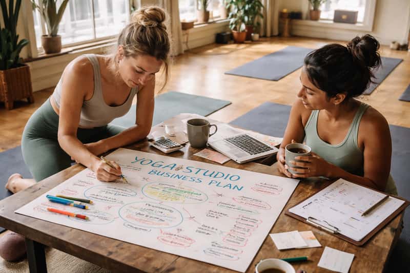 Yoga studio owner reviewing business documents and financial Yoga studio owner reviewing business documents and financial spreadsheets at desk with laptop and notebook