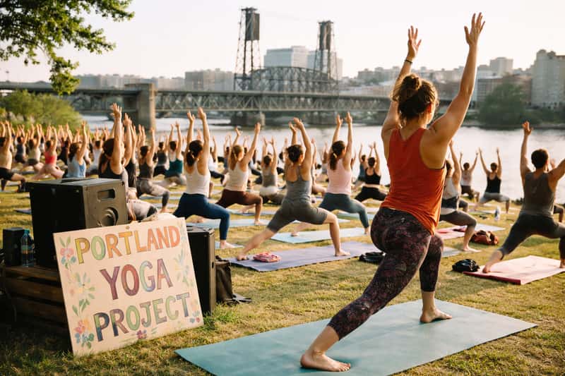 Group of yoga practitioners in child's pose on wooden studio Group of yoga practitioners in child's pose on wooden studio floor with large windows showing Portland cityscape in backgroun