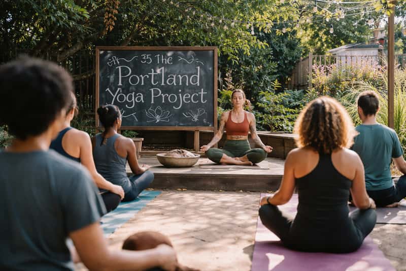 Group of yoga practitioners in downward dog pose on wooden Group of yoga practitioners in downward dog pose on wooden studio floor with large windows showing Portland cityscape in back