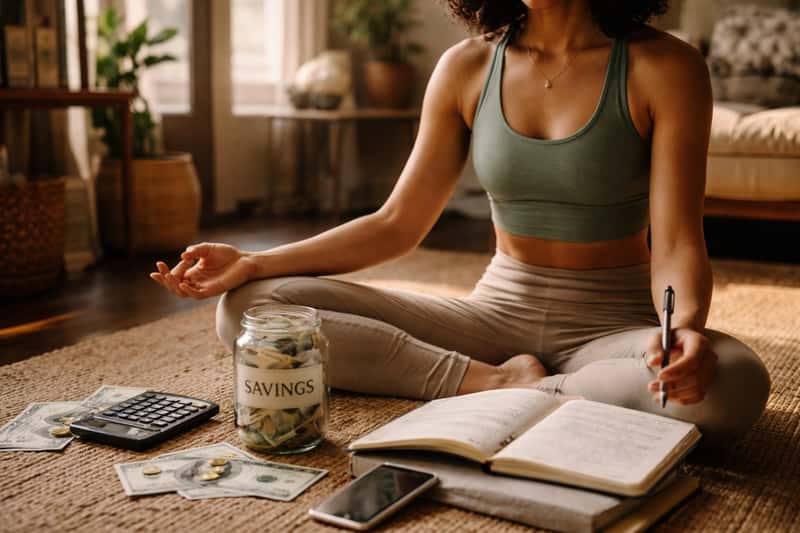 Person in yoga pose balancing stacked coins on their Person in yoga pose balancing stacked coins on their outstretched palm while seated on a yoga mat