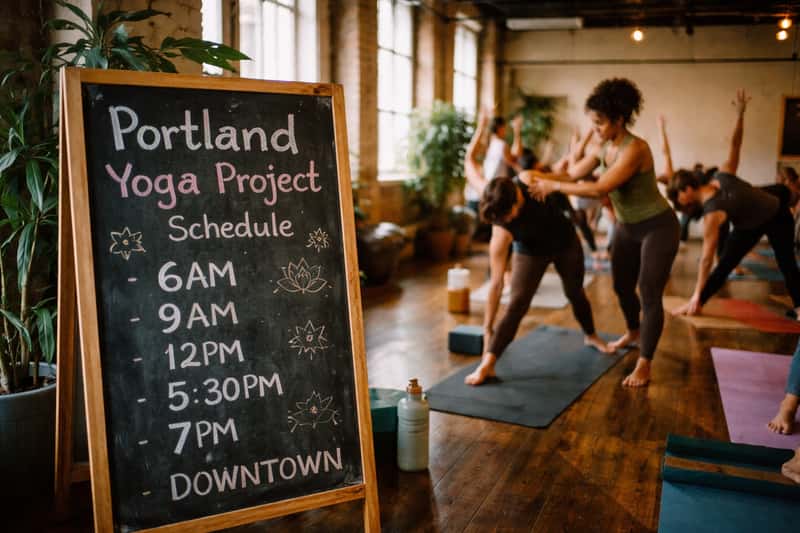 Yoga studio interior with wooden floors, large windows Yoga studio interior with wooden floors, large windows showing downtown Portland buildings, instructor adjusting student's po