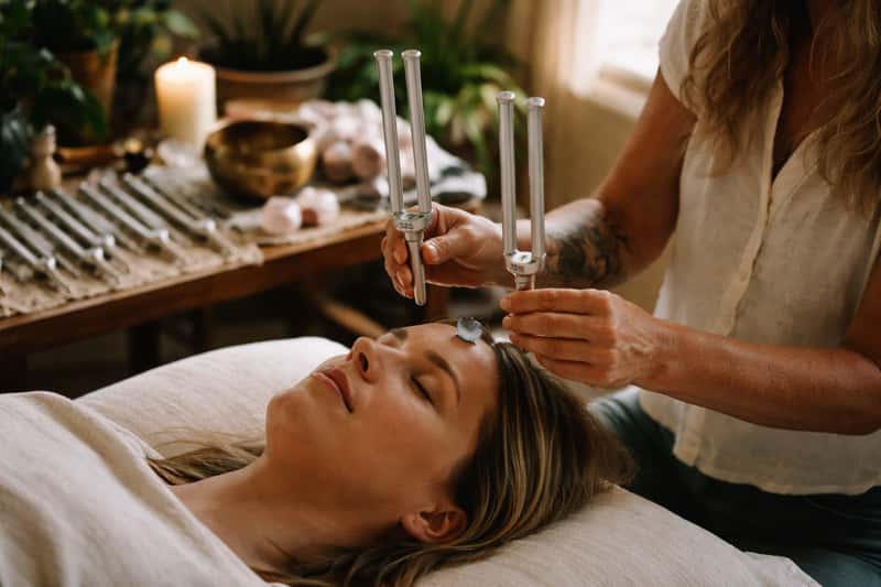 A hand holds a tuning fork against a person's shoulder A hand holds a tuning fork against a person's shoulder during a sound healing session.